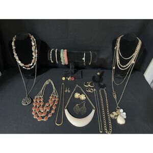 Vintage To Now Gold tone Jewelry Lot Necklace Bracelet Earrings Brooch Ring